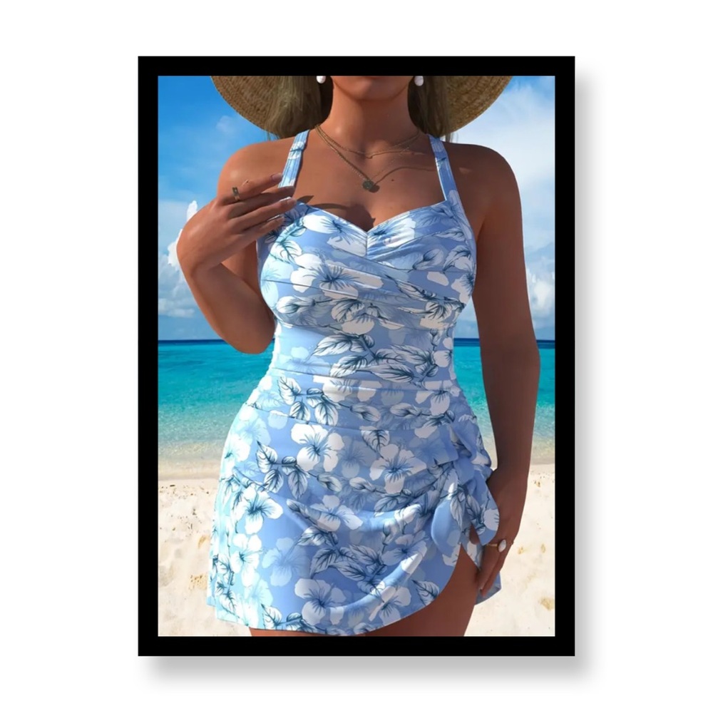🆕 Women’s Plus Size Blue Floral Swimsuit Dress